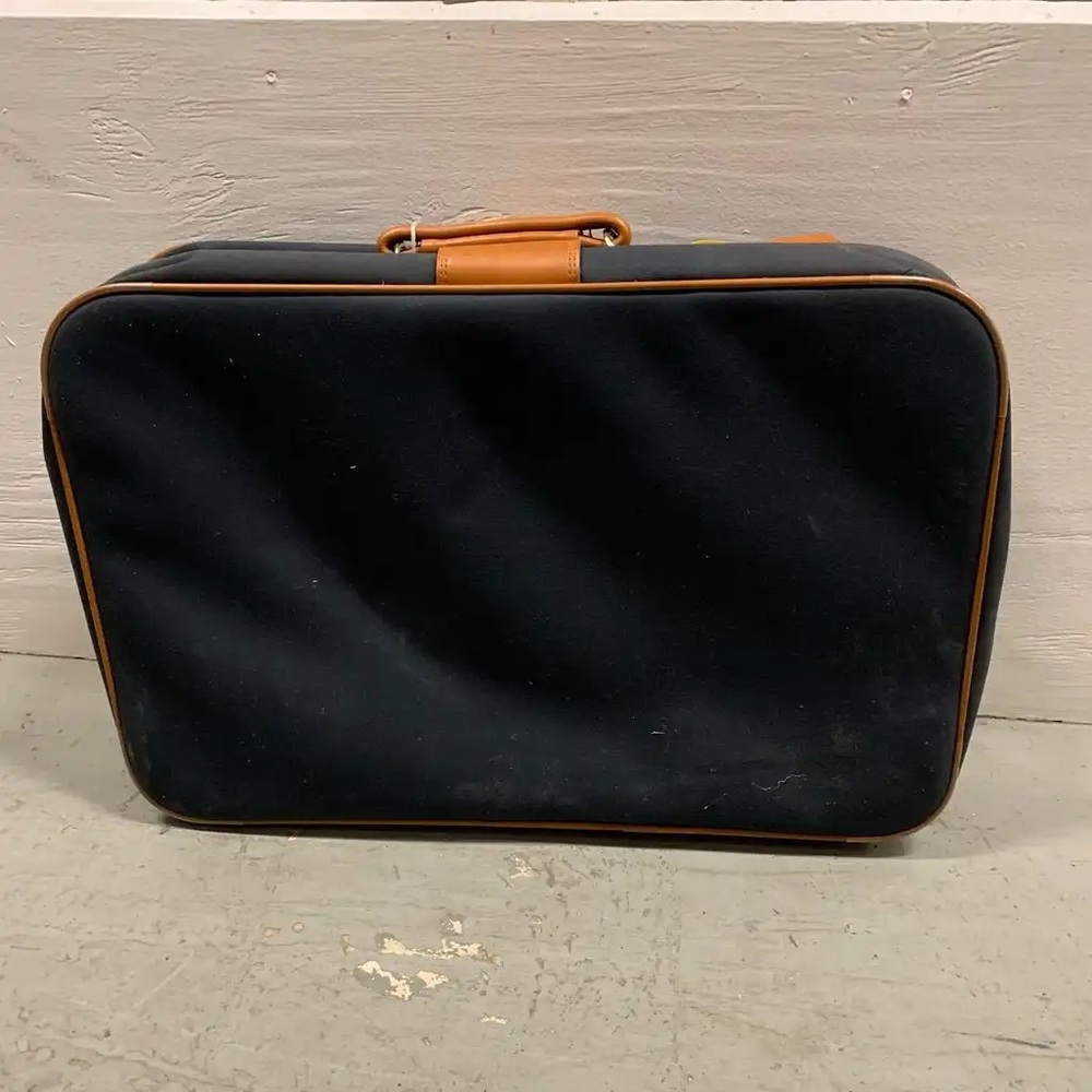 Vintage Suitcase Checked Luggage Travel Bag - Navy Blue Canvas w Leather Accents